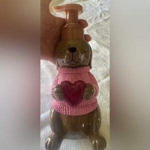 Liquid Hand Soap Dispenser. Pink Dog Figurine with Heart Sweater